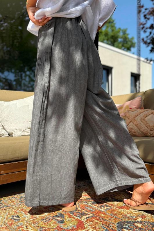 Rustic Nature Linen Blend Pocket Pleat Wide Leg Washed Charcoal
